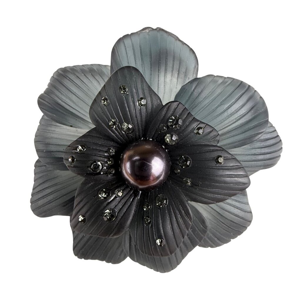 Monet Womens Black Metal Floral Brooch With Faux Pearl Center Pin Elegant Gift